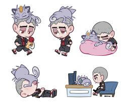 Rule 34 | 1boy, alolan form, alolan meowth, animal, animal on head, bean bag chair, black jacket, cat, cat on head, chair, closed eyes, closed mouth, commentary request, creatures (company), eyeshadow, flip-flops, game freak, gen 7 pokemon, grey hair, hand in pocket, highres, holding, island kahuna, jacket, lying, makeup, male focus, multiple views, nanu (pokemon), nintendo, on back, on head, open clothes, open jacket, pokemon, pokemon (creature), pokemon on head, pokemon sm, red eyes, red shirt, sandals, shirt, short hair, short sleeves, simple background, sitting, sleeping, usano (kagasimm), white background