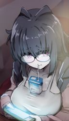 Rule 34 | 1girl, :t, absurdres, bad id, bad twitter id, bendy straw, black-framed eyewear, black hair, breasts, brown jacket, carton, closed mouth, collarbone, commentary request, drinking, drinking straw, glasses, glowing, grey tank top, hair between eyes, handheld game console, highres, holding, jacket, large breasts, long hair, long sleeves, looking away, open clothes, open jacket, original, playing games, purple eyes, sleeves past wrists, solo, tank top, wada kazu, wavy mouth