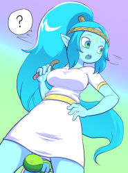 Rule 34 | 1boy, 1girl, ?, adventure time, blue hair, blue skin, blush, breasts, canyon (adventure time), colored skin, dress, facial mark, finn the human, forehead mark, giant, giantess, gradient background, green eyes, hand on own hip, headband, high ponytail, long hair, motion lines, nollety, open mouth, pointy ears, ponytail, short dress, sidelocks, simple background, size difference, speech bubble, spoken question mark, spoken question mark, very long hair, white dress