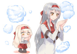 Rule 34 | alternate costume, brown eyes, chibi, from side, hachimaki, hairband, headband, kantai collection, layered sleeves, long hair, long sleeves, own hands together, red hairband, sensen, short over long sleeves, short sleeves, shoukaku (kancolle), simple background, upper body, white background, white hair