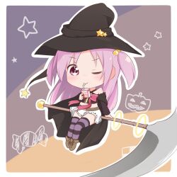 Rule 34 | 1girl, arm warmers, black cape, black hat, black shirt, blush, brown footwear, candy, cape, chibi, crop top, detached sleeves, drinking straw, drinking straw in mouth, fold-over boots, food, full body, hair bobbles, hair ornament, hat, holding, holding carton, jack-o&#039;-lantern, looking at viewer, mado kara konnichiwa, magia record: mahou shoujo madoka magica gaiden, magical girl, mahou shoujo madoka magica, miniskirt, misono karin, one eye closed, pink ribbon, print skirt, purple hair, purple thighhighs, ribbon, riding, scythe, shirt, sitting, skirt, smile, solo, star (symbol), star print, strawberry milk, striped clothes, striped thighhighs, thighhighs, white skirt, witch hat