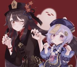 Rule 34 | 2girls, bead necklace, beads, black coat, black headwear, blue dress, blue headwear, blush, braid, braided ponytail, breasts, brown hair, coat, coin hair ornament, dress, flower, genshin impact, ghost, hair ornament, hat, hat flower, highres, hu tao (genshin impact), jewelry, jiangshi, long hair, long sleeves, looking at viewer, meloettta, multiple girls, necklace, ofuda, plum blossoms, purple eyes, purple hair, qingdai guanmao, qiqi (genshin impact), red eyes, resolution mismatch, small breasts, smile, source smaller, symbol-shaped pupils, twintails, very long hair