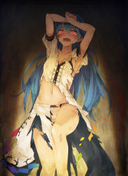 Rule 34 | 1girl, blush, boroe, breasts, crying, crying with eyes open, dress, higher resolution available, highres, hinanawi tenshi, ibuki notsu, pantyhose, shirt, skirt, small breasts, solo, tears, thighhighs, torn clothes, torn dress, torn legwear, torn shirt, torn skirt, torn sleeves, touhou