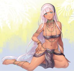 Rule 34 | 1girl, anklet, aqua eyes, arm support, bandeau, barefoot, bead anklet, bead necklace, beads, black bandeau, black loincloth, bracelet, breasts, cleavage, collarbone, commission, dark-skinned female, dark skin, e (eokiba), feet, full body, hairband, hand on own hip, highres, jewelry, large breasts, legs, light purple hair, linea alba, loincloth, long hair, navel, necklace, original, parted lips, single hair tube, skeb commission, solo, toe ring, toenails, toes, very long hair