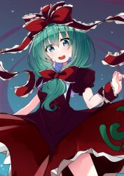 Rule 34 | 1girl, absurdres, arm ribbon, bow, commentary request, commission, frilled ribbon, frills, front ponytail, gradient background, green eyes, green hair, hair bow, hair ribbon, highres, kagiyama hina, looking at viewer, open mouth, pixiv commission, red bow, red ribbon, red skirt, ribbon, shirogane (platinum), short sleeves, skirt, solo, teeth, touhou, upper teeth only