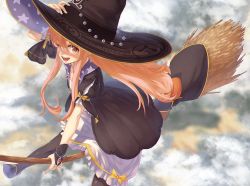 Rule 34 | 10s, 1girl, ;d, atelier (series), atelier escha &amp; logy, black pantyhose, blonde hair, broom, broom riding, female focus, hand on headwear, hat, ibuki notsu, long hair, looking at viewer, one eye closed, open mouth, pantyhose, print headwear, riding, sidelocks, smile, solo, star (symbol), star print, wilbell voll-ersleid, witch, witch hat, yellow eyes