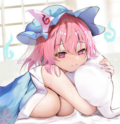 Rule 34 | 1girl, blue hat, bob cut, breasts, cleavage, closed mouth, efe, hair between eyes, hat, highres, hitodama, huge breasts, hugging object, looking at viewer, lying, mob cap, on bed, on stomach, pillow, pillow hug, pink eyes, pink hair, saigyouji yuyuko, smile, solo, sweat, touhou, triangular headpiece, under covers