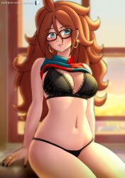 Rule 34 | 1girl, absurdres, android 21, artist name, blue eyes, blush, breasts, brown hair, checkered clothes, cleavage, dragon ball, dragon ball fighterz, earrings, female focus, glasses, highres, hoop earrings, jewelry, large breasts, lingerie, long hair, looking at viewer, navel, pea-bean, ring, stomach, tagme, underwear, window