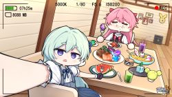 Rule 34 | 2girls, :o, ai-chan (honkai impact), bad food, black gloves, blue dress, blue eyes, blurry, blurry background, bow, cabbage, camera, clock, closed mouth, crystal, dress, eating, floor, food, fork, fruit, glass, gloves, hair between eyes, hair bow, highres, holding, holding fork, holding knife, honkai (series), honkai impact 3rd, indoors, juice, knife, liliya olenyeva, long hair, looking at viewer, multiple girls, murata himeko, official art, open mouth, outstretched arm, photo (object), pinafore dress, pink hair, plate, raiden mei, raven (honkai impact), red dress, rozaliya olenyeva, selfie, shirt, short sleeves, siblings, sleeveless dress, table, twins, viewfinder, wall, watermelon, white shirt