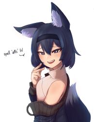 Rule 34 | 1girl, absurdres, animal ear fluff, animal ears, bare shoulders, black eyes, black hair, black jacket, breasts, bright pupils, commentary, english commentary, english text, fox ears, fox girl, fox tail, hair between eyes, hairband, hand up, highres, jacket, jacy, light brown hair, looking at viewer, looking to the side, off shoulder, open mouth, original, raised eyebrows, shirt, short hair, simple background, sleeveless, sleeveless shirt, small breasts, smile, solo, souko chie, tail, teeth, upper body, upper teeth only, white background, white pupils