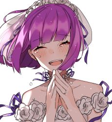 Rule 34 | 1girl, aogisa, bad id, bad pixiv id, bare shoulders, blush, bridal veil, bride, carcano m91/38 (girls&#039; frontline), choker, closed eyes, collarbone, crying, dress, girls&#039; frontline, happy, happy tears, highres, jewelry, long hair, open mouth, purple hair, ring, simple background, smile, solo, tears, upper body, veil, wedding band, wedding dress, white background, white dress