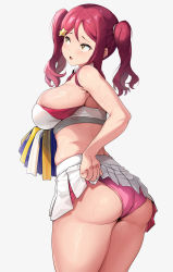 Rule 34 | 1girl, alternate breast size, ass, bare arms, breasts, cheerleader, hair between eyes, hair ornament, highres, large breasts, long hair, looking away, love live!, love live! sunshine!!, open mouth, panties, pink hair, pink panties, pleated skirt, pom pom (cheerleading), sakurauchi riko, simple background, skindentation, skirt, solo, sports bra, standing, star (symbol), star hair ornament, tem10, thighs, twintails, underwear, white background, white skirt, yellow eyes
