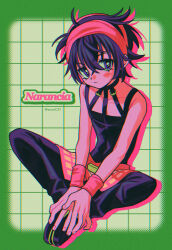 Rule 34 | 1boy, ahoge, artist name, bare arms, black choker, black footwear, black pants, black tank top, blush, border, character name, choker, chromatic aberration, closed mouth, collarbone, covered navel, fingernails, full body, green background, green border, grid background, hair between eyes, highres, jojo no kimyou na bouken, knees apart feet together, looking at viewer, menma (enaic31), narancia ghirga, own hands together, pants, purple eyes, red skirt, red wristband, retro artstyle, short hair, sitting, skirt, sleeveless, solo, tank top, v-shaped eyebrows, v arms, wristband