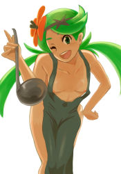 Rule 34 | 10s, 1girl, apron, blush, breasts, creatures (company), game freak, green eyes, green hair, higher resolution available, highres, ladle, leaning forward, long hair, looking at viewer, mallow (pokemon), matching hair/eyes, naked apron, nintendo, nipples, one-piece tan, one eye closed, open mouth, pokemon, pokemon sm, simple background, small breasts, smile, solo, tan, tanline, trial captain, white background, wink