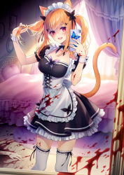 Rule 34 | 1girl, animal ears, apron, bed, black dress, blood, blood on clothes, blood splatter, breasts, butterfly hair ornament, cat ears, cat girl, cat tail, cellphone, collar, commentary, corpse, detached collar, dress, frilled collar, frilled dress, frilled thighhighs, frills, hair between eyes, hair ornament, holding, holding phone, indie virtual youtuber, kochou cocoa, koyama rikako, looking at viewer, maid, maid apron, maid headdress, medium breasts, medium hair, mirror, open mouth, orange hair, phone, playing with own hair, puffy short sleeves, puffy sleeves, red eyes, resolution mismatch, selfie, short dress, short sleeves, sidelocks, smartphone, smile, solo focus, source smaller, tail, thighhighs, thighs, twintails, underbust, virtual youtuber, white thighhighs, wrist cuffs