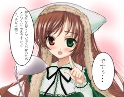 Rule 34 | 00s, 1girl, heterochromia, ladle, lolita fashion, long hair, long sleeves, open mouth, rozen maiden, solo, straightchromia, suiseiseki, translation request, very long hair