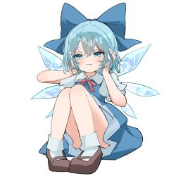 Rule 34 | 1girl, blue bow, blue dress, blue eyes, blue hair, blush, bow, brown footwear, cirno, closed mouth, commentary request, convenient leg, dress, full body, hair bow, hands on own head, highres, ice, ice wings, knees up, looking at viewer, mary janes, medium hair, mikan (manmarumikan), on ground, puffy short sleeves, puffy sleeves, red ribbon, ribbon, shoes, short sleeves, simple background, sitting, smile, socks, solo, touhou, white background, white socks, wings