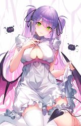 Rule 34 | 1girl, absurdres, barefoot, black ribbon, blush, breasts, bridal garter, cleavage cutout, closed mouth, clothing cutout, demon tail, demon wings, green eyes, hair ornament, hair ribbon, highres, hololive, kakage, large breasts, long hair, looking at viewer, low wings, nail polish, pointy ears, purple hair, ribbon, short sleeves, single thighhigh, solo, tail, thighhighs, tokoyami towa, twintails, virtual youtuber, white thighhighs, wings