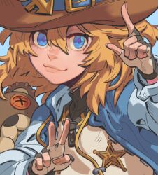 Rule 34 | 1boy, blonde hair, blue background, blue eyes, blush, bridget (guilty gear), brown hat, closed mouth, cowboy hat, fingerless gloves, gloves, guggy (guirgaleo), guilty gear, guilty gear strive, hat, lips, long hair, long sleeves, looking at viewer, male focus, sheriff badge, simple background, smile, solo, trap, upper body, v, zipper pull tab