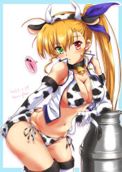 Rule 34 | 1girl, animal collar, animal ears, animal print, bell, bikini, black collar, blonde hair, blue border, blue ribbon, boots, border, breasts, cleavage, collar, commentary, cow ears, cow horns, cow print, cow tail, cowbell, cowboy shot, dated, elbow rest, fake animal ears, fake horns, fake tail, green eyes, hair ribbon, hand on own ass, heterochromia, holding tail, horns, jacket, kotoyoro, large breasts, leaning forward, long hair, long sleeves, looking at viewer, lyrical nanoha, mahou shoujo lyrical nanoha vivid, milk churn, navel, neck bell, new year, outline, parted lips, print bikini, red eyes, ribbon, san-pon, side-tie bikini bottom, side ponytail, sleeveless, sleeveless jacket, solo, standing, swimsuit, tail, textless version, thigh boots, thighhighs, translated, twitter username, vivio, white footwear, white jacket, white outline