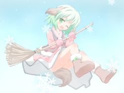 Rule 34 | 1girl, animal ears, bamboo broom, boots, bow, broom, dress, fang, female focus, green eyes, green hair, highres, kasodani kyouko, matching hair/eyes, mittens, one eye closed, open mouth, shino megumi, short hair, snow, solo, tail, touhou, wild and horned hermit, wink