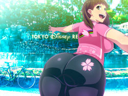 Rule 34 | 1girl, ass, bicycle, bike shorts, breasts, brown eyes, brown hair, curvy, from behind, huge ass, large breasts, long hair, looking at viewer, looking back, narrow waist, open mouth, original, plump, skin tight, smile, solo, tetrodotoxin, thick thighs, thighs, wide hips