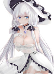 Rule 34 | 1girl, absurdres, anchor symbol, arm behind back, armlet, azur lane, blue eyes, blush, breasts, choker, cleavage, collarbone, dress, elbow gloves, eyes visible through hair, garter belt, gloves, hair between eyes, hair ornament, hair ribbon, hand on own chest, hat, heart, heart-shaped pupils, highres, illustrious (azur lane), jewelry, large breasts, leaning forward, long hair, looking at viewer, low twintails, mole, mole under eye, pendant, ribbon, ru zhai, sidelocks, simple background, smile, solo, strapless, strapless dress, sun hat, symbol-shaped pupils, thighhighs, tress ribbon, twintails, white background, white dress, white gloves, white hair, white thighhighs