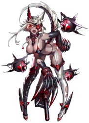 Rule 34 | 1girl, absurdres, abyssal ship, animal ears, armor, armored boots, battleship girl, bent over, between breasts, black bra, black footwear, black panties, black skin, boots, bra, breasts, claw (weapon), colored skin, dark-skinned female, dark skin, eyelashes, eyepatch, facial mark, fangs, full body, garter straps, glowing, glowing eyes, highres, horns, large breasts, legs apart, looking at viewer, looking to the side, one eye covered, open mouth, panties, panties over garter belt, quuni, red eyes, shade, short hair, short hair with long locks, sidelocks, silver hair, single horn, single thighhigh, solo, standing, stomach, tail, thighhighs, torn clothes, torn thighhighs, unbuckled, underwear, weapon, white background, white thighhighs
