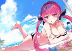 Rule 34 | 1girl, ahoge, arms under breasts, barefoot, beach, bikini, black bow, blue bikini, blue hair, blue sky, blush, bow, braid, breasts, cloud, highres, hololive, large breasts, lying, minato aqua, minato aqua (hololive summer 2019), multicolored hair, official alternate costume, on stomach, open mouth, pink hair, punya, purple eyes, sand, single braid, sky, striped bikini, striped clothes, swimsuit, twintails, two-tone hair, virtual youtuber, water
