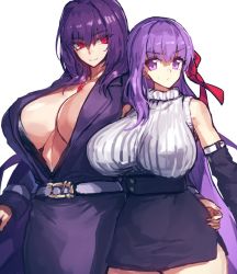 Rule 34 | 2girls, bb (fate), bb (fate/extra), belt, black dress, black skirt, breasts, center opening, cleavage, closed mouth, collared dress, contemporary, detached sleeves, dress, fate/extra, fate/extra ccc, fate/grand order, fate (series), hair between eyes, hair ribbon, high-waist skirt, huge breasts, jewelry, large breasts, long hair, long sleeves, melon22, multiple girls, necklace, open mouth, pencil skirt, pendant, purple eyes, purple hair, red eyes, red ribbon, ribbed sweater, ribbon, scathach (fate), simple background, skirt, sleeveless, sleeveless turtleneck, smile, sweater, turtleneck, very long hair, white background