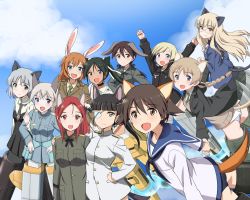 Rule 34 | 501st joint fighter wing, 6+girls, :d, :o, animal ears, arms up, black hair, black legwear, black neckwear, black ribbon, blonde hair, blue eyes, blue ribbon, braid, breasts, brown eyes, brown hair, cat ears, cat tail, charlotte e. yeager, choker, clenched hands, cloud, day, dog ears, dog tail, eila ilmatar juutilainen, emblem, erica hartmann, everyone, eyepatch, flying, francesca lucchini, gertrud barkhorn, glasses, green eyes, green hair, hair between eyes, hair ornament, hair ribbon, hand on another&#039;s shoulder, hand on own hip, hands on own hips, holding hands, kaneko (novram58), locked arms, long hair, long sleeves, looking at viewer, lynette bishop, military, military uniform, minna-dietlinde wilcke, miyafuji yoshika, multicolored hair, multiple girls, necktie, open mouth, orange eyes, orange hair, panties, pantyhose, perrine h. clostermann, ponytail, purple eyes, rabbit ears, rabbit girl, red hair, ribbon, sakamoto mio, sanya v. litvyak, school swimsuit, school uniform, shirt, short hair, silver hair, single braid, sky, smile, strike witches, striker unit, sweater vest, swimsuit, tail, twintails, two-tone hair, underwear, uniform, white legwear, white panties, white shirt, wind, world witches series, yellow eyes