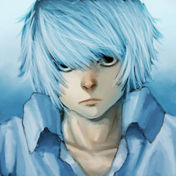 Rule 34 | 1boy, artist request, collared shirt, death note, gradient background, looking at viewer, male focus, near (death note), shirt, solo, white hair