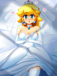 Rule 34 | 1girl, :o, ?, bare shoulders, bed sheet, blonde hair, blue eyes, blush, breasts, breath, bridal veil, choker, cleavage, dress, earrings, elbow gloves, gloves, highres, jewelry, konpeto, long hair, lying, mario (series), medium breasts, nintendo, on back, own hands clasped, own hands together, pendant, princess peach, princess peach (wedding), solo, spoken question mark, sweat, thighhighs, tiara, veil, wedding dress, white gloves, white thighhighs