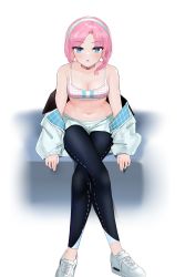 Rule 34 | 1girl, arknights, bare shoulders, black pants, blue eyes, blue poison (arknights), blue poison (shoal beat) (arknights), braid, breasts, chinese commentary, choker, cleavage, commentary, crossed legs, hairband, highres, jacket, leaning forward, leggings, leggings under shorts, looking at viewer, medium hair, midriff, navel, off shoulder, open clothes, open jacket, pants, pantyhose, parted lips, pink choker, pink hair, shoes, short shorts, shorts, small breasts, sneakers, solo, spaghetti strap, sports bra, stomach, twin braids, white background, white footwear, white hairband, white jacket, zerotwenty (020)