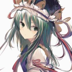 Rule 34 | 1girl, closed mouth, commentary, frilled hat, frills, green eyes, green hair, hat, looking at viewer, medium hair, shiki eiki, simple background, solo, touhou, upper body, white background, yutsukiicookie