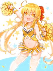 Rule 34 | 1girl, :d, absurdres, ahoge, alternate costume, blonde hair, blush, breasts, cheerleader, collarbone, commentary request, feet out of frame, groin, hair between eyes, heart, highres, kantai collection, long hair, low twintails, midriff, miniskirt, open mouth, pleated skirt, pom pom (cheerleading), satsuki (kancolle), skirt, small breasts, smile, solo, star (symbol), suzushiro (gripen39), twintails, yellow eyes