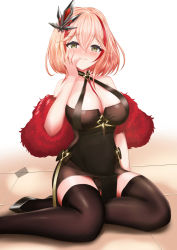Rule 34 | 1girl, azur lane, black dress, black footwear, blush, breasts, brown thighhighs, cleavage, cup, dress, drinking glass, feather boa, foot out of frame, hair ornament, hairpin, halter dress, halterneck, hand on own cheek, hand on own face, highres, large breasts, light brown hair, looking at viewer, official alternate costume, red hair, roon (azur lane), roon (viridescent lullaby) (azur lane), shoes, sitting, solo, thighhighs, tight clothes, tight dress, wariza, wine glass, yellow eyes, yosame yugyo