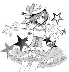 Rule 34 | 10s, 1girl, belt, bow, bowtie, crescent, dancing stars on me!, detached collar, dress, frilled dress, frilled gloves, frills, gloves, greyscale, grin, hat, hat ribbon, high-waist skirt, hoshizora rin, looking at viewer, love live!, love live! school idol project, monochrome, one eye closed, outstretched arms, ribbon, short hair, skirt, smile, solo, star (symbol), thighhighs, ushiki yoshitaka