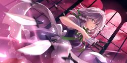 Rule 34 | 1girl, apron, back bow, bow, bowtie, braid, cowboy shot, dress, dutch angle, full moon, green bow, green bowtie, grey dress, grey eyes, grey hair, hagiwara rin, hair between eyes, hair bow, hand up, highres, holding, holding knife, indoors, izayoi sakuya, knife, looking at viewer, maid headdress, moon, non-web source, official art, parted lips, puffy short sleeves, puffy sleeves, red moon, second-party source, shirt, short sleeves, solo, touhou, touhou lostword, twin braids, waist apron, white apron, white bow, white shirt, window