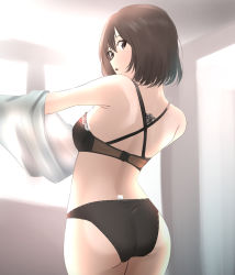 Rule 34 | 1girl, against window, ass, back, bare shoulders, black bra, blouse, blush, bra, breasts, brown eyes, brown hair, haguro (kancolle), hair ornament, highres, indoors, kantai collection, looking at viewer, looking back, open mouth, shirt, short hair, tama (tamago), underwear, undressing, white shirt