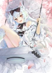 Rule 34 | 1girl, animal-themed umbrella, animal ear fluff, animal ears, azur lane, black bow, boots, bow, cat ears, center frills, cherry blossoms, dress, dress bow, fang, frilled boots, frilled dress, frilled umbrella, frills, from below, hair bow, highres, holding, holding umbrella, koroneko p0w0q, long hair, looking at viewer, looking down, looking up, off-shoulder dress, off shoulder, orange eyes, outdoors, parasol, solo, swing, thighs, torpedo tubes, two side up, umbrella, white bow, white dress, white footwear, white hair, white umbrella, yukikaze (azur lane), yukikaze (sovereign of the swing) (azur lane)