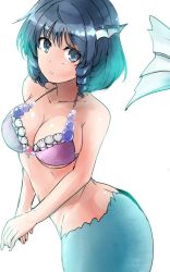 Rule 34 | 1girl, alternate costume, bare arms, bare shoulders, bikini, bikini top only, blue eyes, blue hair, breasts, cleavage, closed mouth, collarbone, fins, fish tail, head fins, highres, looking at viewer, medium breasts, mermaid, monster girl, one-hour drawing challenge, purple bikini, ringlets, shell, short hair, solo, stomach, swimsuit, tail, touhou, wakasagihime, y2