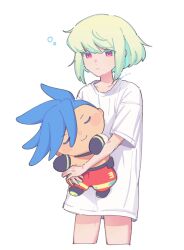 Rule 34 | 1boy, blue hair, character doll, cowboy shot, galo thymos, green hair, half-closed eyes, highres, holding, holding stuffed toy, kome 1022, lio fotia, male focus, no pants, pants, promare, purple eyes, red pants, shirt, short hair, simple background, sleepy, solo, stuffed toy, trap, white background, white shirt