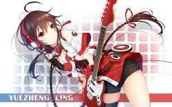 Rule 34 | 1girl, ahoge, bare shoulders, bent over, bike shorts, black gloves, blush, braid, brown eyes, brown hair, cable, character name, dress, elbow gloves, electric guitar, fender mustang, fingerless gloves, gloves, guitar, headphones, headset, highres, instrument, long hair, looking back, microphone, quan (kurisu tina), red dress, see-through, short sleeves, sidelocks, simple background, single braid, smile, solo, very long hair, vest, vocaloid, vocanese, white vest, yuezheng ling