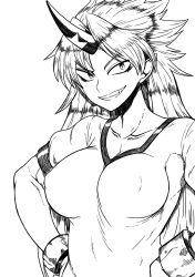 Rule 34 | 1girl, breasts, cleavage, commentary request, cuffs, covered erect nipples, greyscale, grin, hands on own hips, highres, himajin noizu, horns, hoshiguma yuugi, long hair, medium breasts, monochrome, ponytail, shackles, shirt, short sleeves, simple background, single horn, smile, solo, star (symbol), touhou, tsurime, upper body, white background