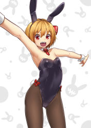 Rule 34 | 1girl, :d, animal ears, armpits, bad id, bad pixiv id, black pantyhose, blonde hair, bobomaster, brown pantyhose, cowboy shot, detached collar, fake animal ears, flat chest, hair ribbon, highres, leotard, looking at viewer, necktie, open mouth, outstretched arms, pantyhose, playboy bunny, rabbit ears, red eyes, red necktie, red ribbon, ribbon, rumia, short hair, simple background, smile, solo, standing, thigh gap, thighs, touhou, wrist cuffs