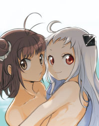 Rule 34 | 10s, 2girls, abyssal ship, ahoge, bare arms, bare shoulders, brown eyes, brown hair, collarbone, double bun, female focus, hair ornament, hug, imminent kiss, kantai collection, long hair, looking at viewer, multiple girls, naka (kancolle), neck, northern ocean princess, nude, parted lips, red eyes, scrunchie, shinryou rei, short hair, silver hair, smile, upper body, yuri