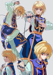 Rule 34 | 1boy, androgynous, blonde hair, chain, closed mouth, earrings, highres, hunter x hunter, jewelry, kurapika, long sleeves, looking at viewer, lunar (lunar 815), male focus, red eyes, shirt, short hair, simple background, solo, thumb ring, white shirt