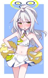 Rule 34 | 1girl, alternate costume, blue archive, blue background, blush, cheerleader, cosplay, hare (blue archive), hibiki (blue archive), highres, looking at viewer, miniskirt, off shoulder, open mouth, pom pom (cheerleading), skirt, solo, white background, white hair