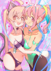 Rule 34 | 2girls, :d, @ @, absurdres, ahoge, animal ears, asymmetrical docking, bare shoulders, black bra, black panties, black pantyhose, blue hair, blush, bra, breast press, breasts, cameltoe, cat ears, cat lingerie, cat tail, choker, cleavage, closed mouth, clothing cutout, collarbone, cowboy shot, earrings, fake animal ears, fake tail, green leotard, hair intakes, hair ornament, hair scrunchie, highres, housou-kun, hozuki kaede, jewelry, large breasts, leotard, looking at viewer, matching hair/eyes, meme attire, multicolored background, multicolored hair, multiple girls, navel, navel cutout, onii-chan wa oshimai!, open mouth, oyama mahiro, panties, pantyhose, pink background, pink eyes, pink hair, ponytail, purple background, purple thighhighs, rabbit ears, rabbit tail, scrunchie, sidelocks, small breasts, smile, standing, tail, thighhighs, tongue, tongue out, twintails, two-tone hair, underwear, wavy mouth, wrist cuffs